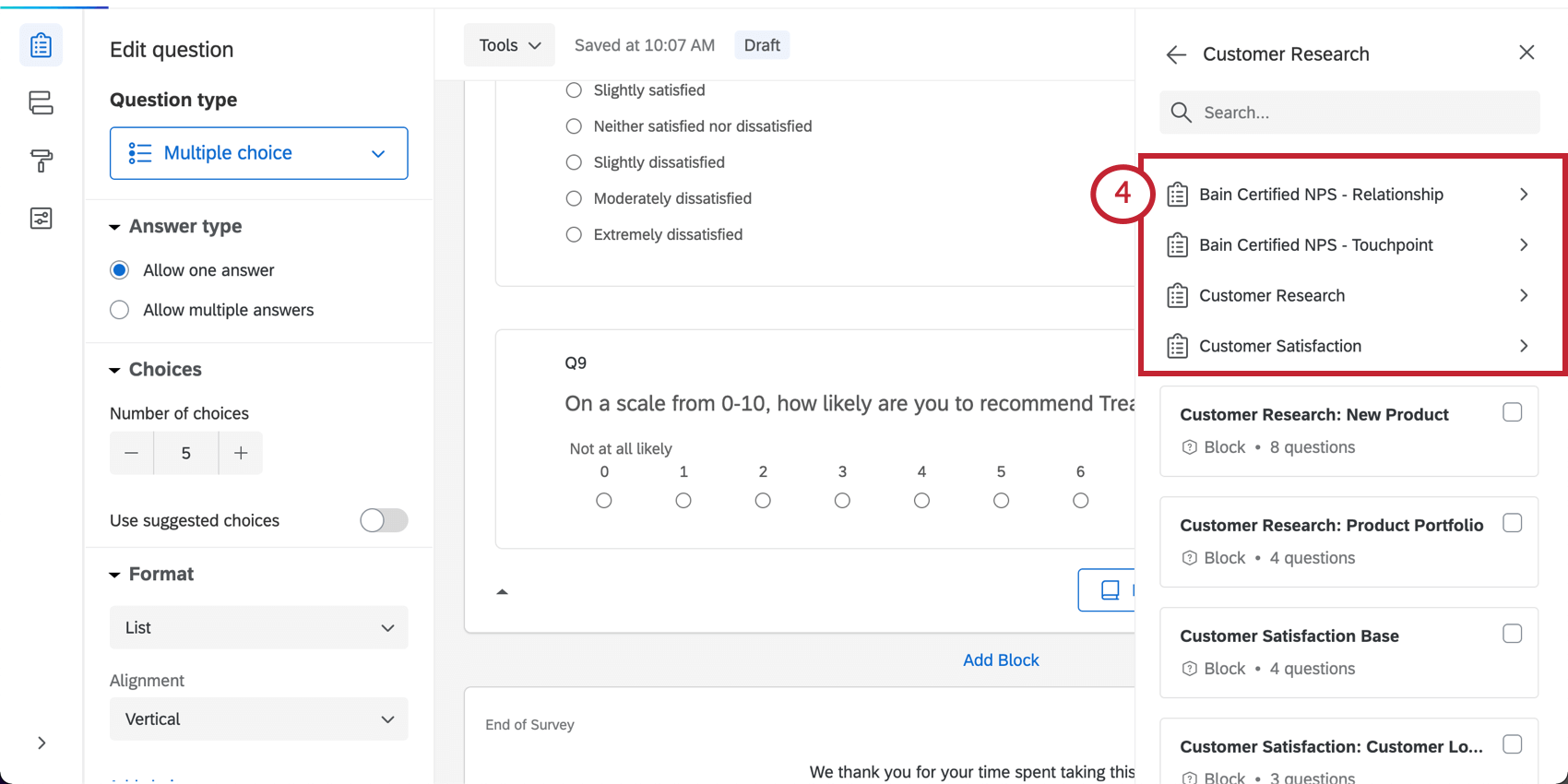 Image shows library menu on right of survey builder, surveys and blocks listed. In this case, the surveys are highlighted