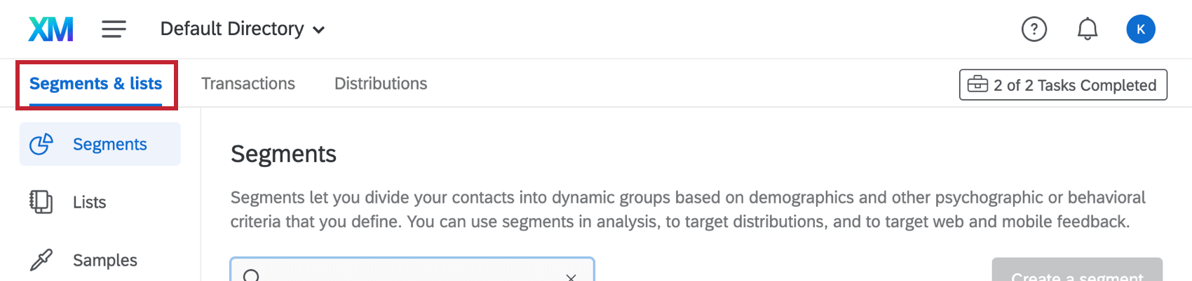 A picture of the segments and lists tabs, which contains a section for segments, lists, and samples listed off to the left