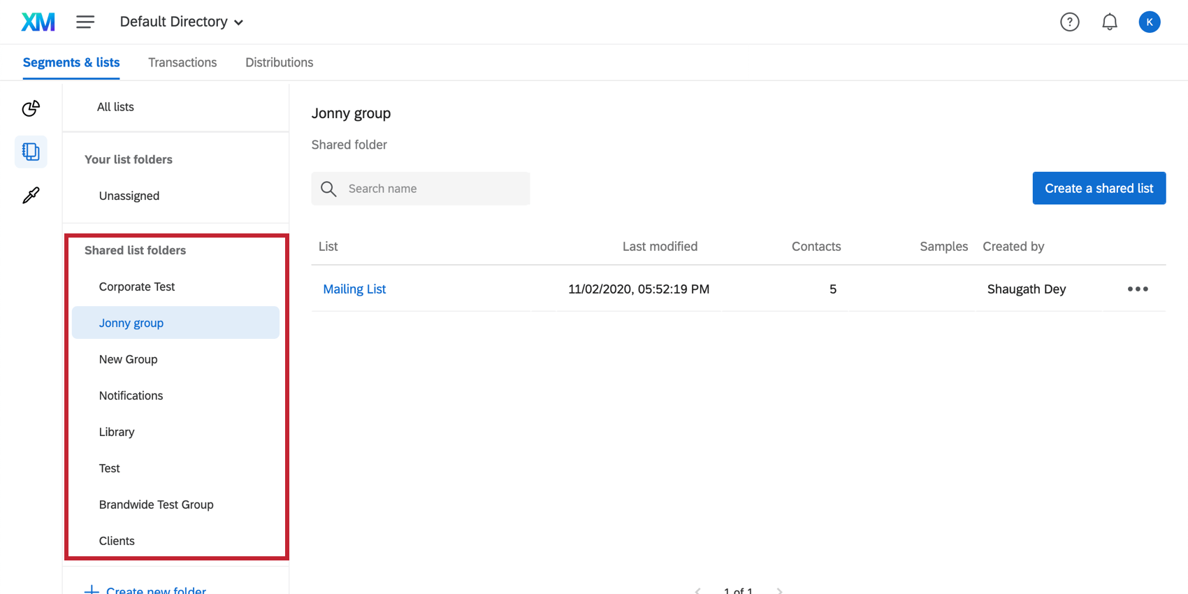 Picture of where the shared list folders appear to the left