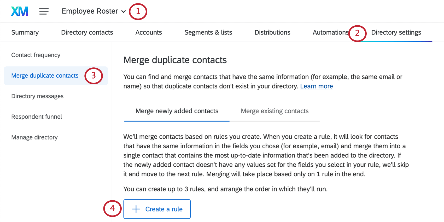 In employee directory, shows directory settings tab opened, and merge duplicate contacts selected on the left; center of page, merge newly added contacts is set by default