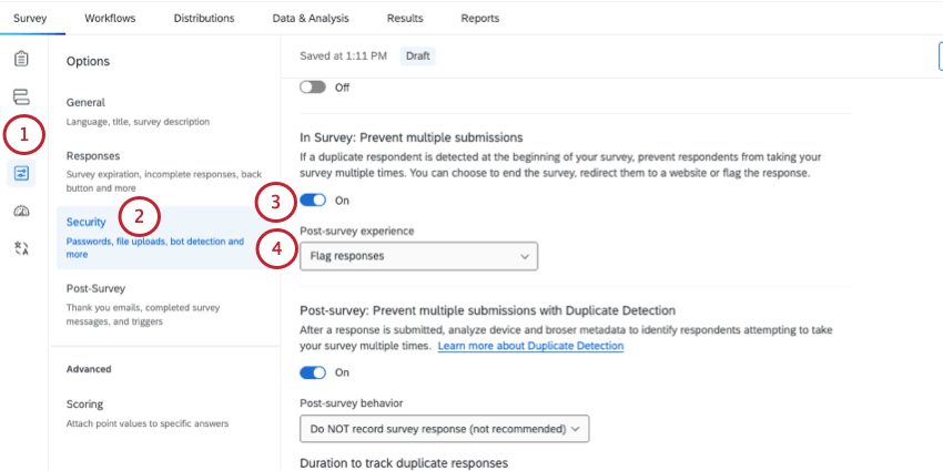 Survey options is opened. Prevent multiple submissions has a dropdown with the options described in the steps below