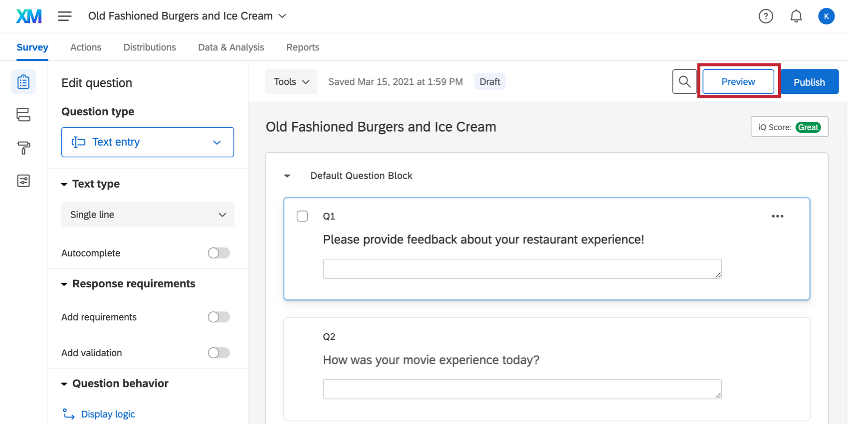 image of the Preview button in the survey tab