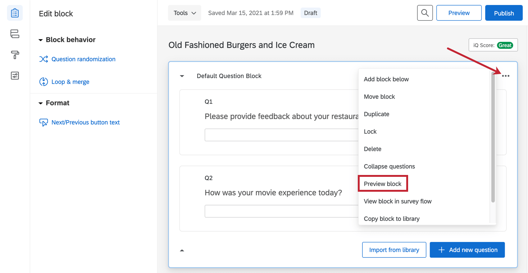 Block Options button drops down to reveal preview Block option