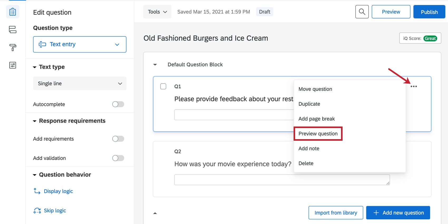 Preview question option from upper-right of question