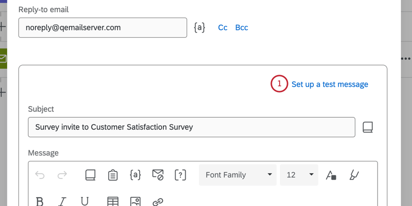 clicking "set up a test message"