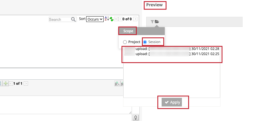 Click the folder icon in the Preview section, select the Session checkbox, click the specific upload session, and click Apply.