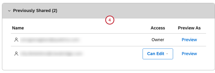 Wenn das Dashboard bereits für den Benutzer freigegeben wurde, suchen Sie es im Abschnitt Zuvor freigegeben.