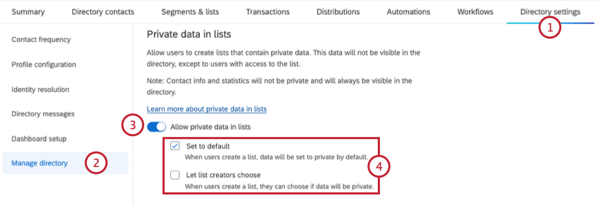 Configuración para permitir datos privados en listas dentro de la configuración del directorio