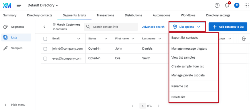 Opções Lista expandidas no canto superior direito