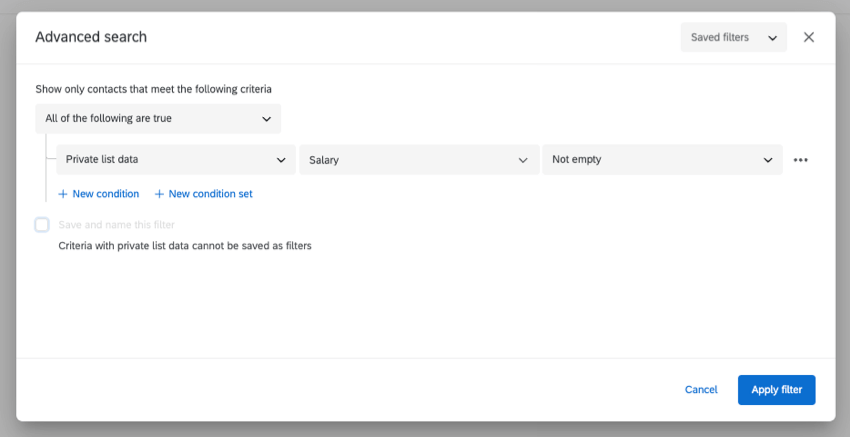 advanced search with private list data used as search criteria