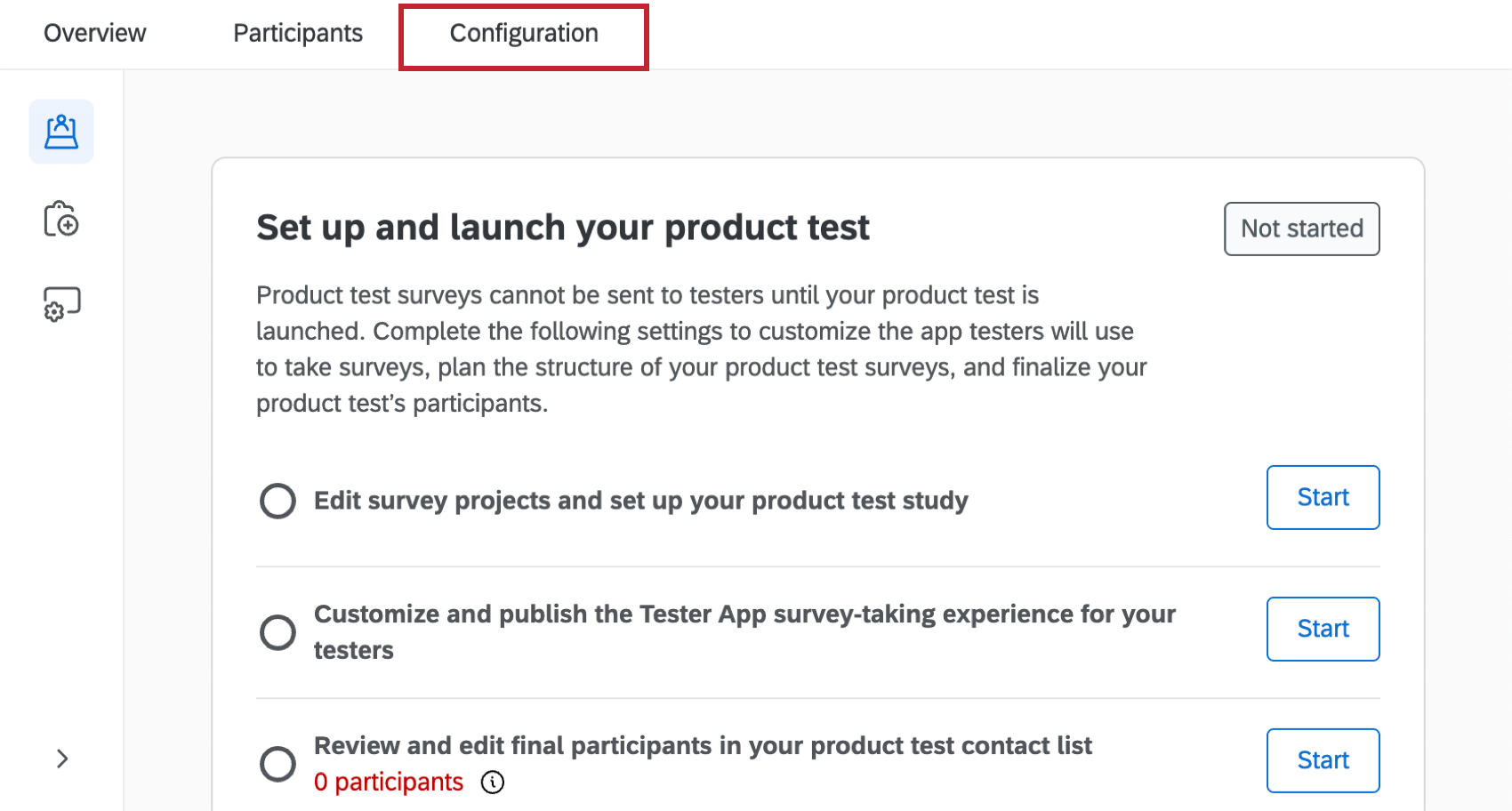 Registerkarte Konfiguration innerhalb eines Produkttests