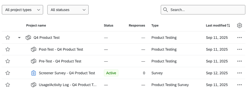 vue de la page des projets montrant les projets au sein dun programme dessai de produits