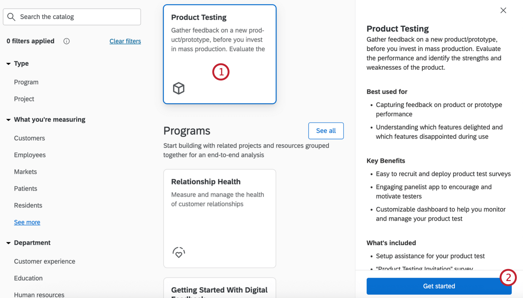 o tipo de projeto de teste de produto no catálogo