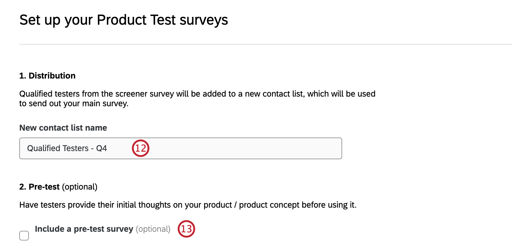 Opciones de configuración para configurar encuestas de prueba de productos