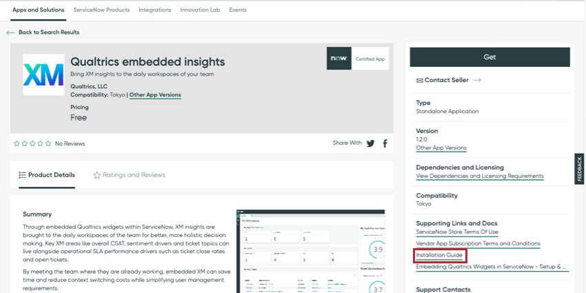 Image of installation guide link on the Qualtrics embedded insights ServiceNow app store