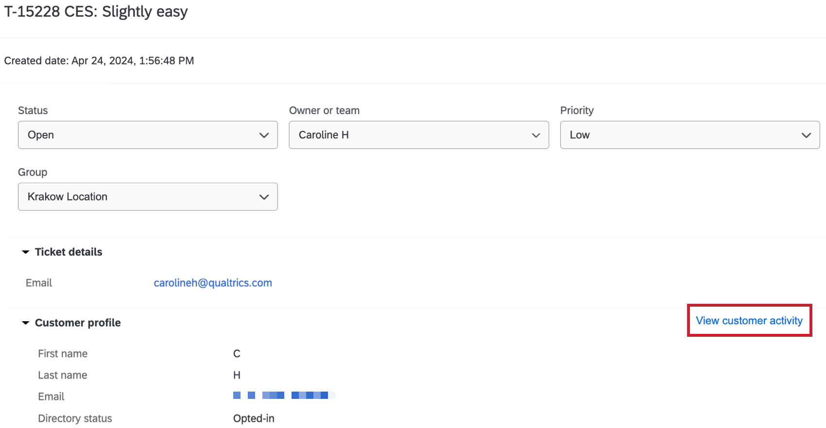 il pulsante di visualizzazione dellattività del cliente su un ticket
