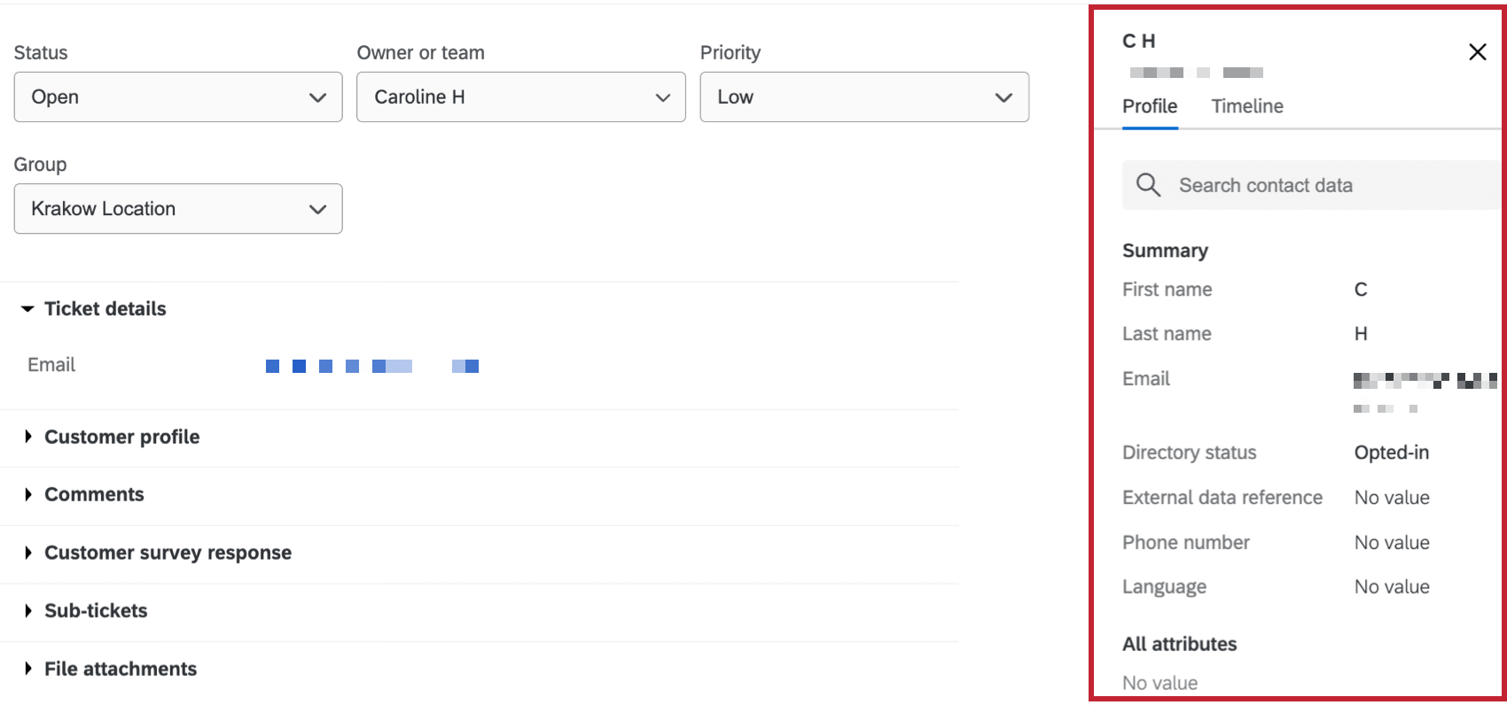 a janela de atividade do cliente em um tíquete