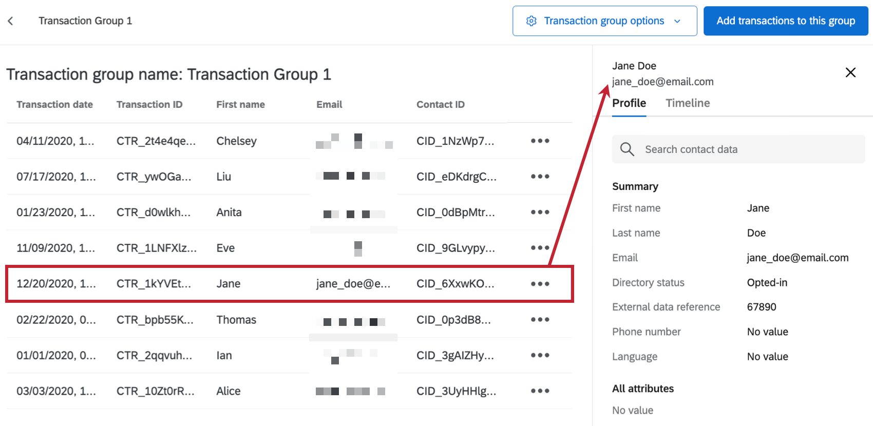 selecting an individual transaction