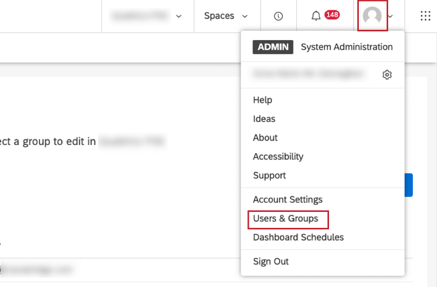 To access the Users & Groups page, click the profile icon in the top navigation area in Studio and select Users & Groups from the menu.