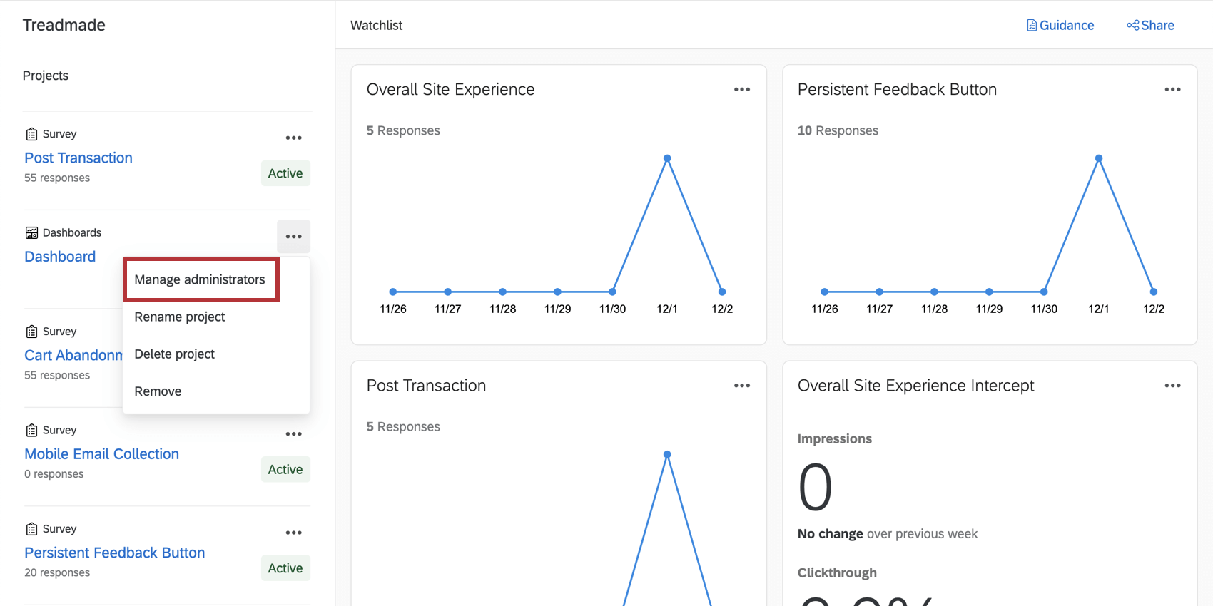 Dropdown of a dashboard project