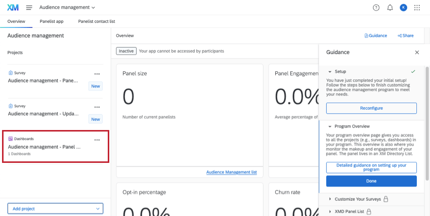 a página de visão geral do programa tem uma lista projetos à esquerda. Um desses projetos é um dashboard