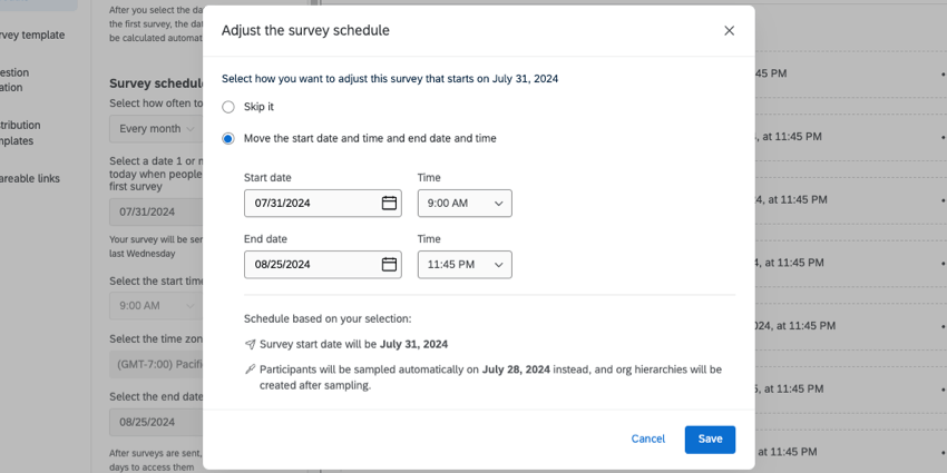 new window named adjust the survey schedule