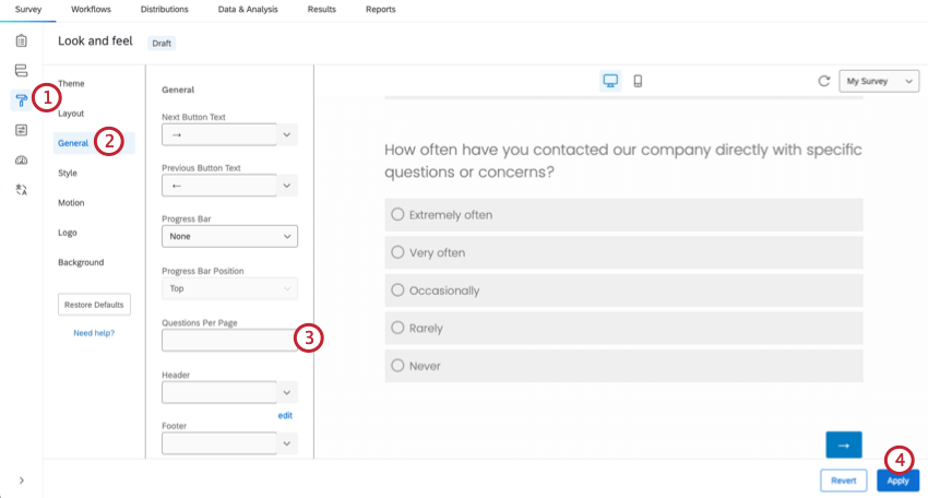 General tab of the look & feel menu. The questions per page option is highlighted and a number is entered into the option
