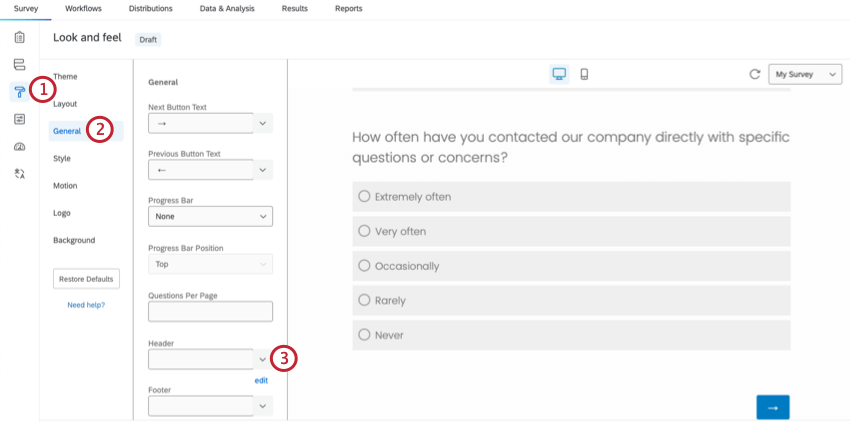 General tab of the look & feel menu. Edit button next to header field