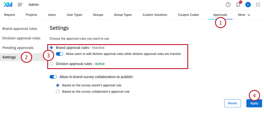 navigating to the settings section of approvals to change the approval method
