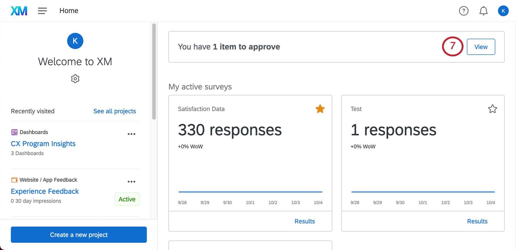 Alerta na parte superior da página inicial que diz que você tem 1 item para aprovar. Em seguida, um botão de visualização