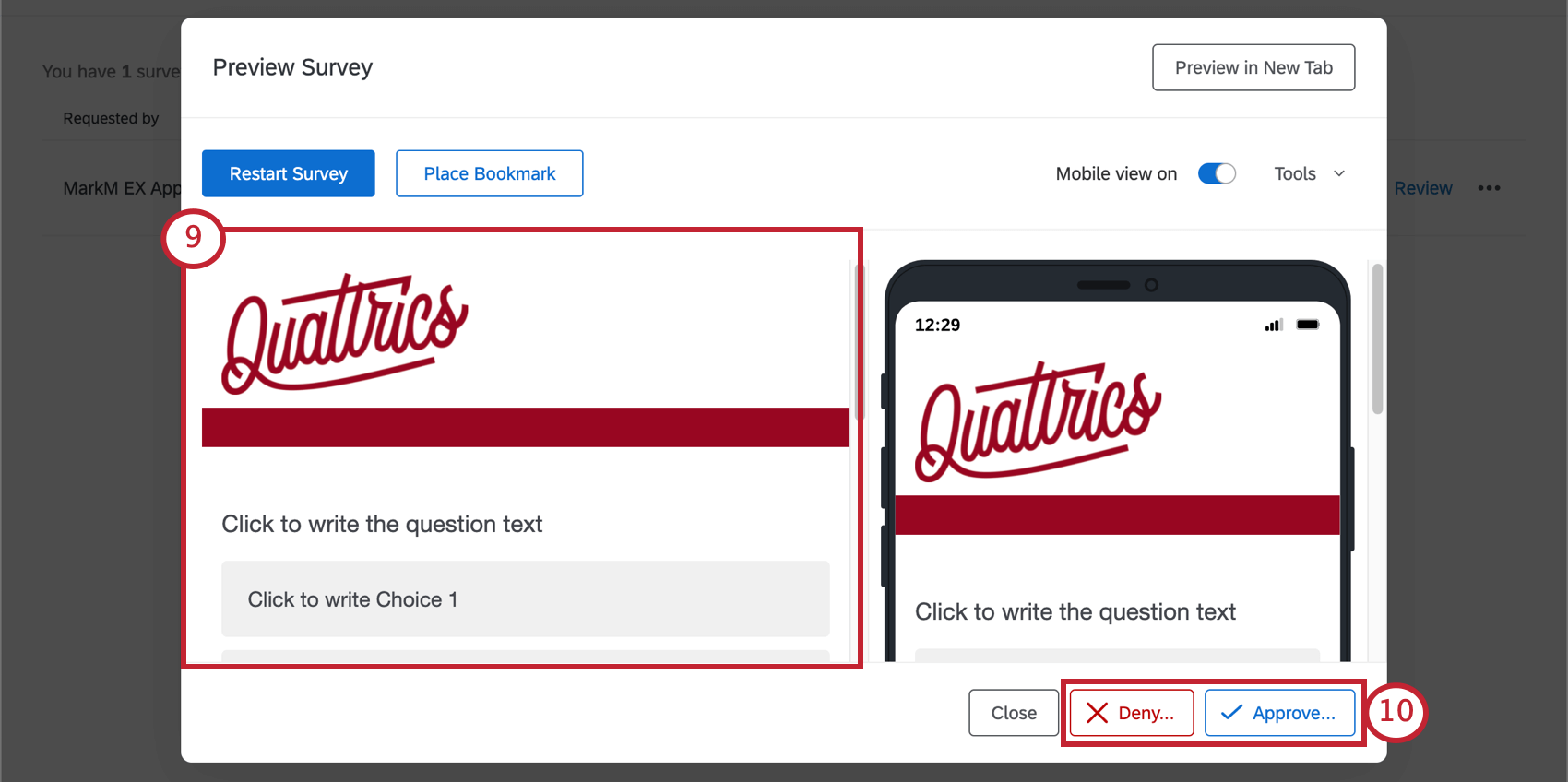 アンケートの承認者が「レビュー」をクリックしたときに表示されるアンケートのプレビューウィンドウ