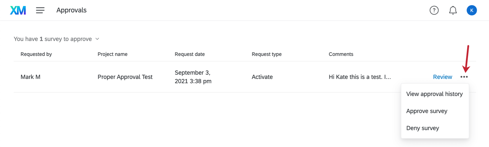 Picture of dropdown on the project approvals page