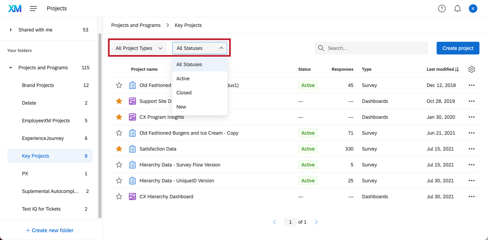 In the projects page on the left; the leftmost filter says "all project types," the one to its right says "all statuses"