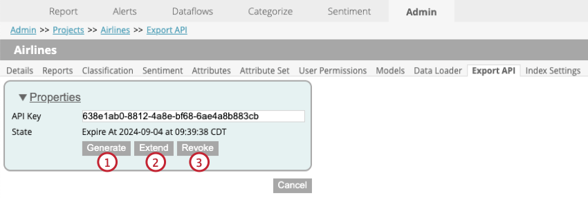 guia api de exportação nas configurações do projeto