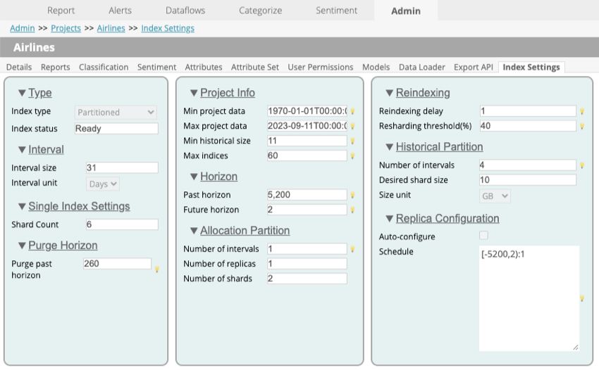 プロジェクト設定内のインデックス設定タブ