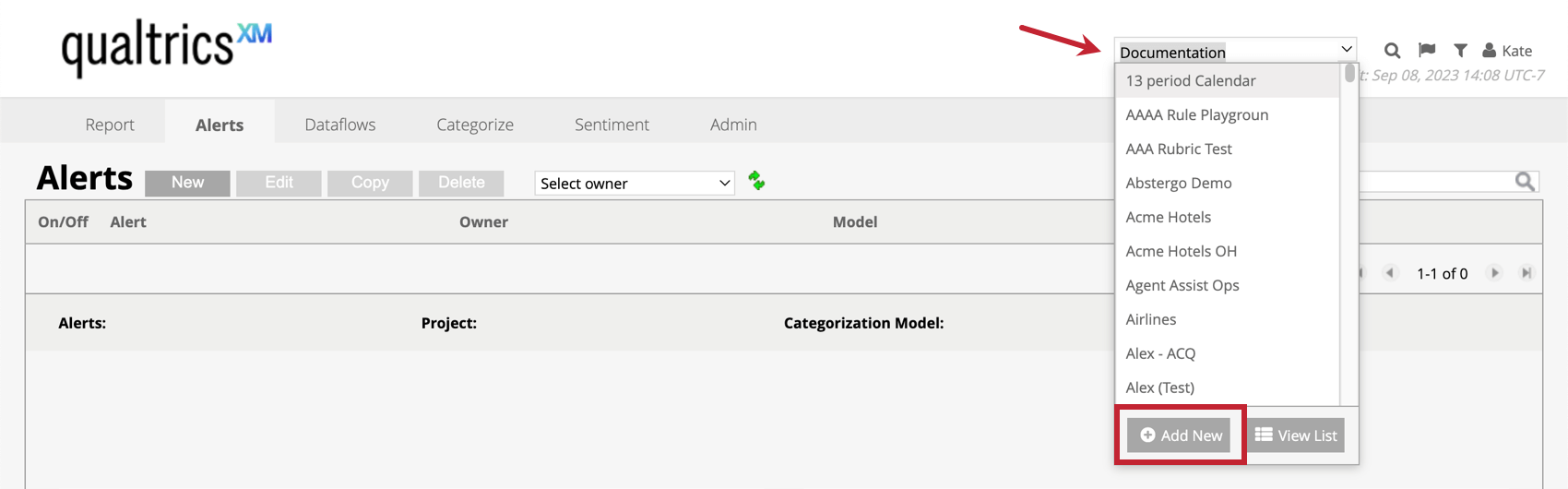 clicking the projects dropdown and choosing add new