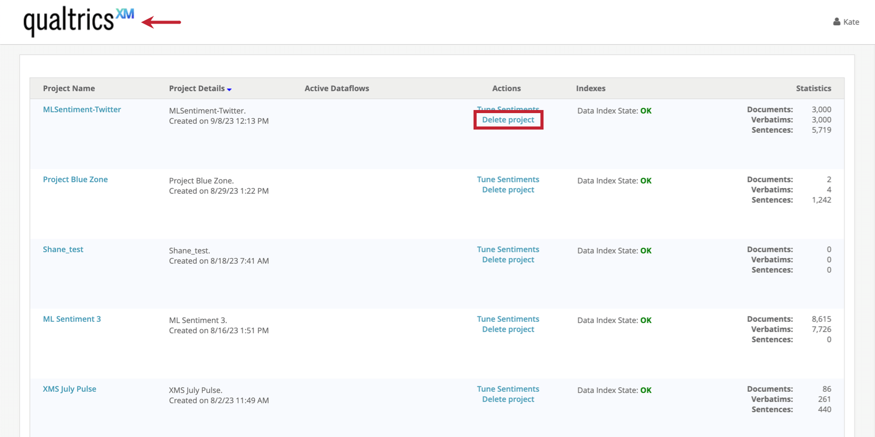 clicando em excluir projeto