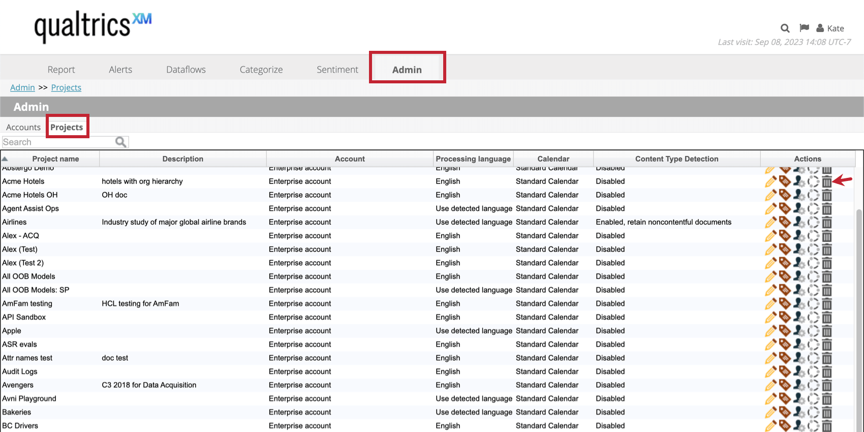 en cliquant sur licône de la corbeille pour supprimer un projet