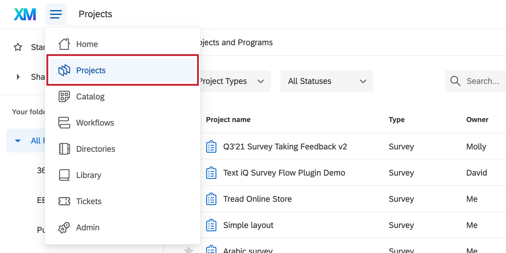 Menu di navigazione aperto, i progetti sono il secondo elemento della lista