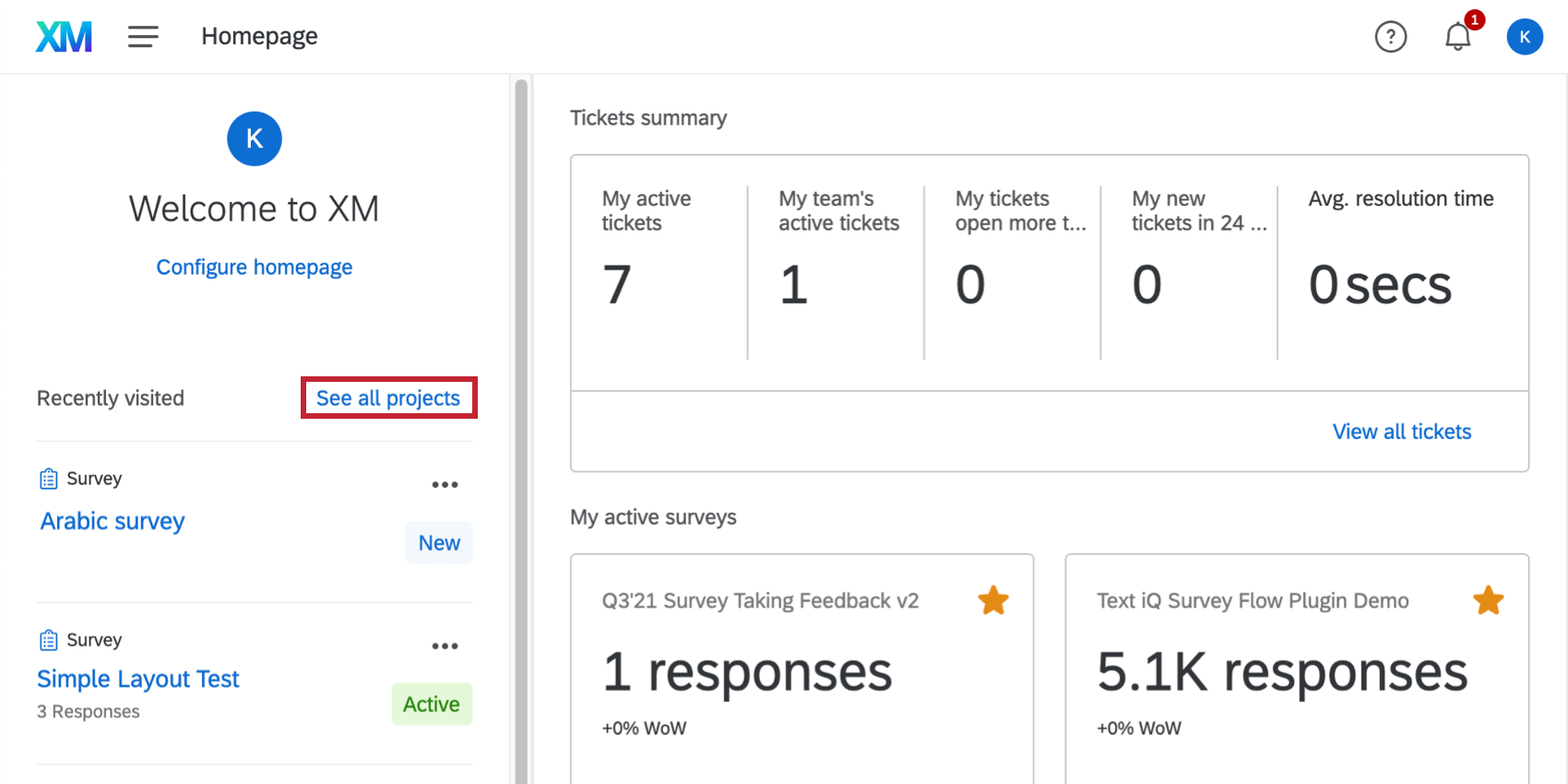 O link Ver todos os projetos na página inicial