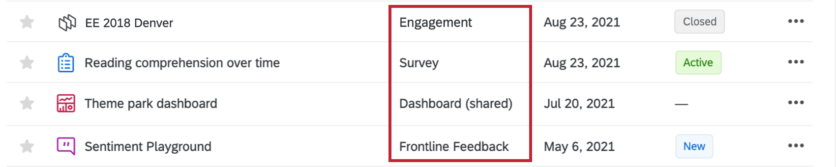 A few different project types with differing icons