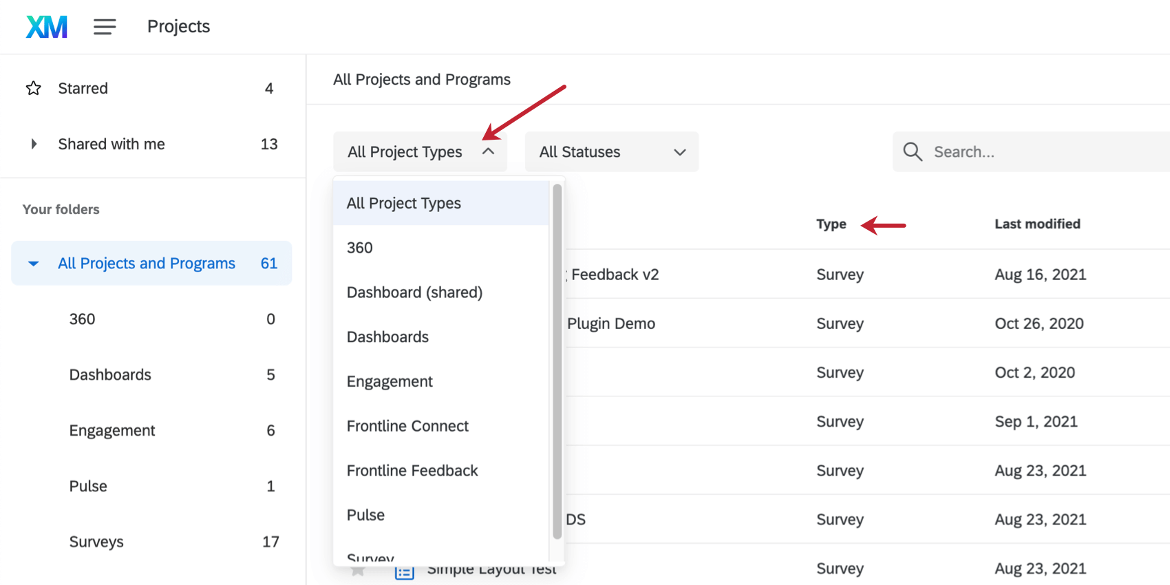 左上およびタイプ列のフィルタの画像