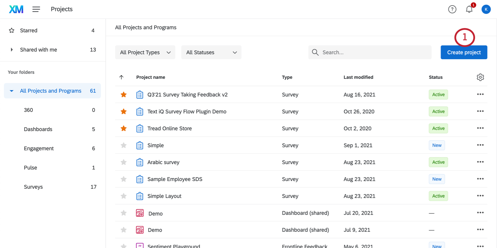 clicking Create project on the projects page