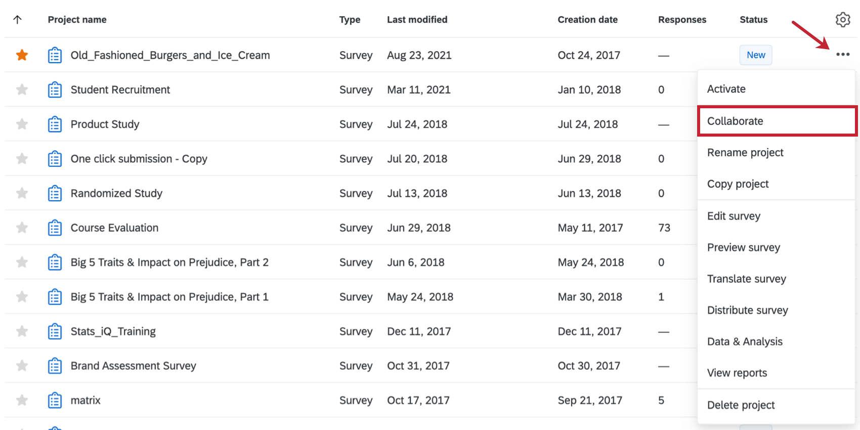 Opção Colaborar no menu suspenso do projeto