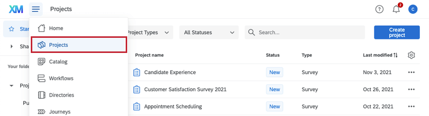 Navigation menu opened, projects is the second thing listed