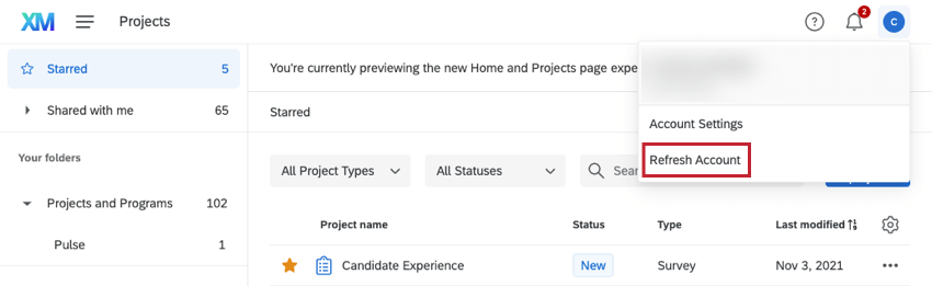 the refresh account option in the account settings menu