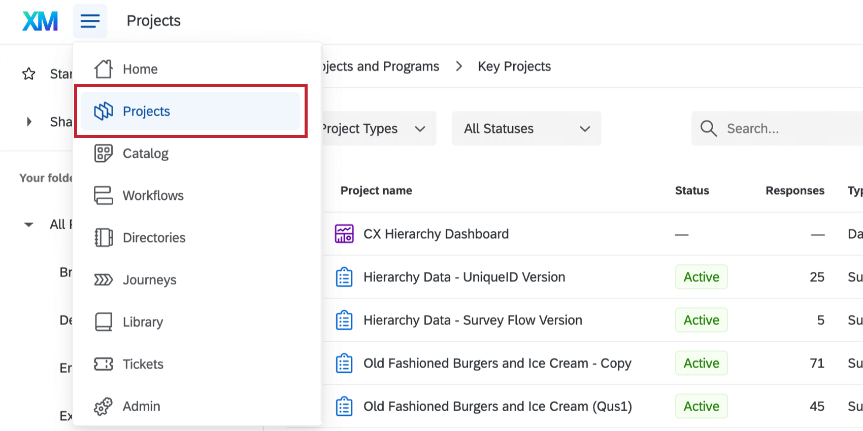 Projets sélectionnés dans le menu de navigation