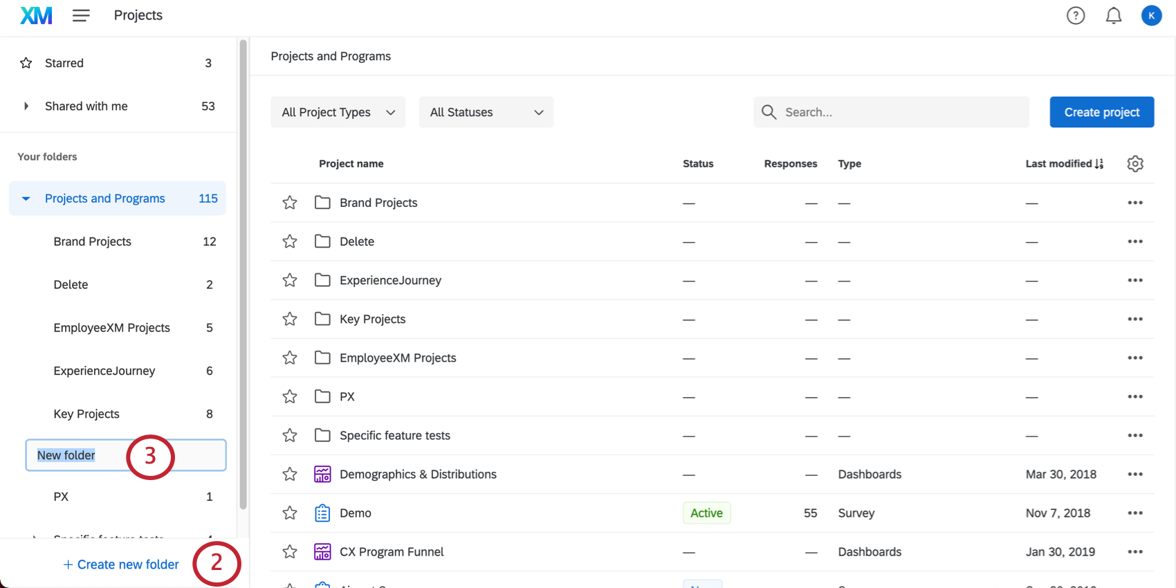 Create New Folder under folders list in lefthand pane of Projects page