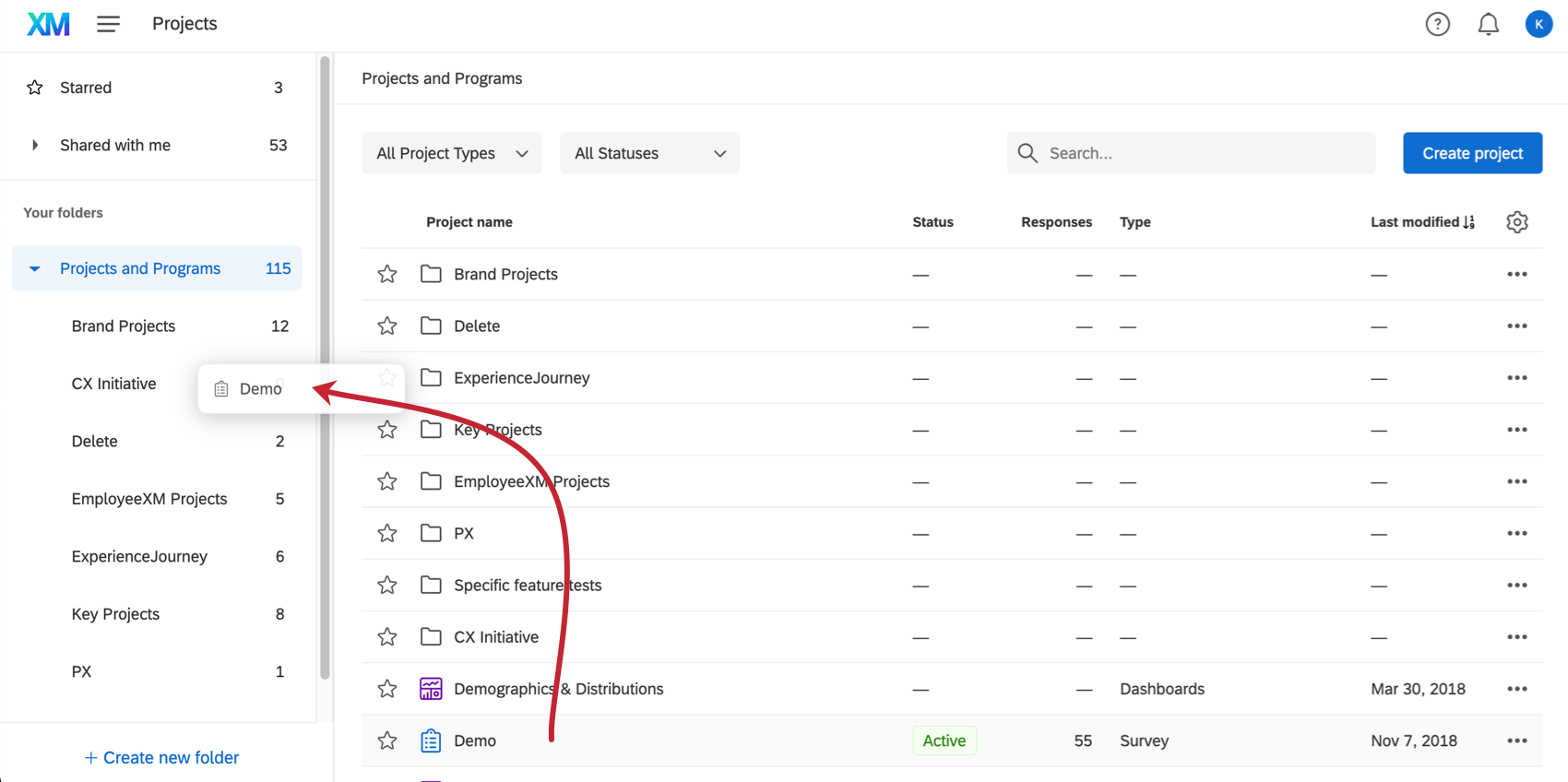Project becomes tiny as it is dragged to the folder on the left