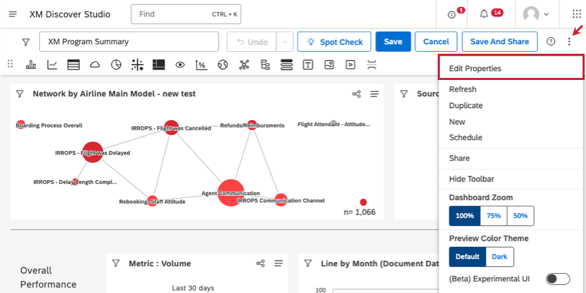 menu de 3 pontos expandido para mostrar as propriedades de edição